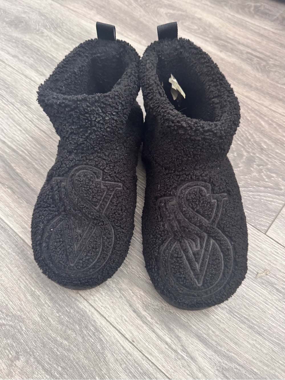 Victoria's Secret Black Sherpa Boot Slippers with Embroidered Logo